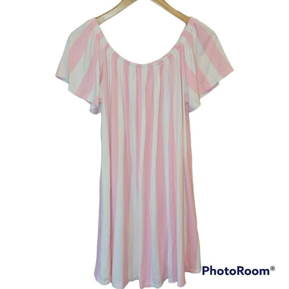 ASOS Pink White Stripe Cabana Candy Stripe Off Shoulder Short Sleeve Dress 8 - Picture 4 of 12